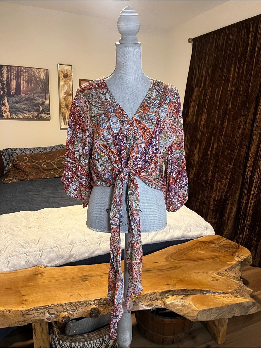 Boho Festival Whimsigoth Paisley Rayon Front Tie Blouse Soft & Light Sz M